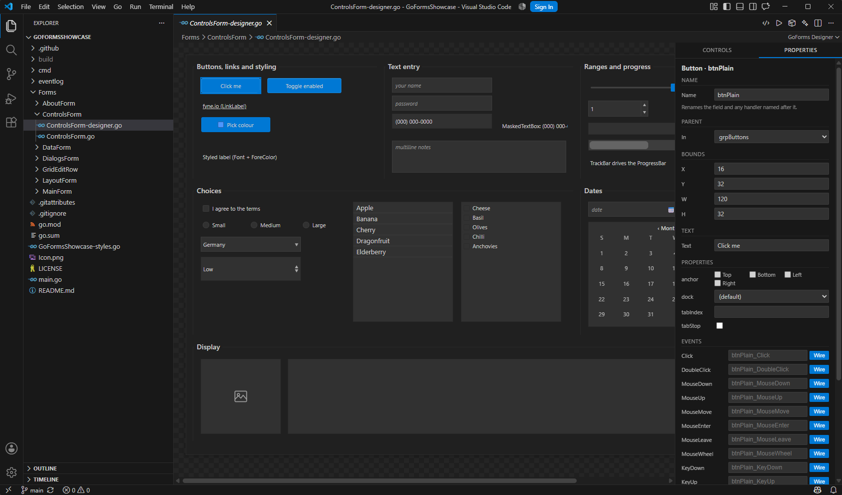 VS Code with a GoForms form on the designer canvas, the selected control's properties and its events listed beside it.