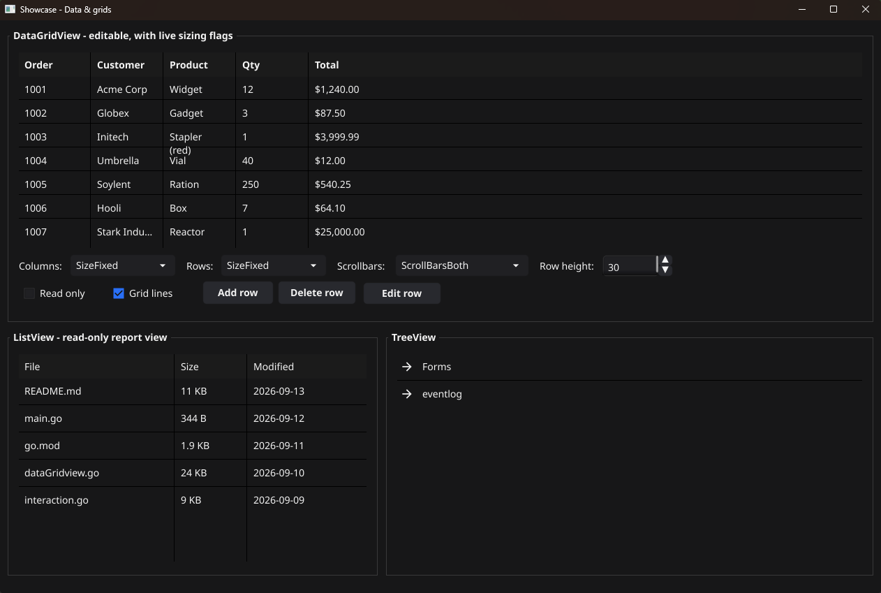 A DataGridView with sortable columns beside a TreeView.