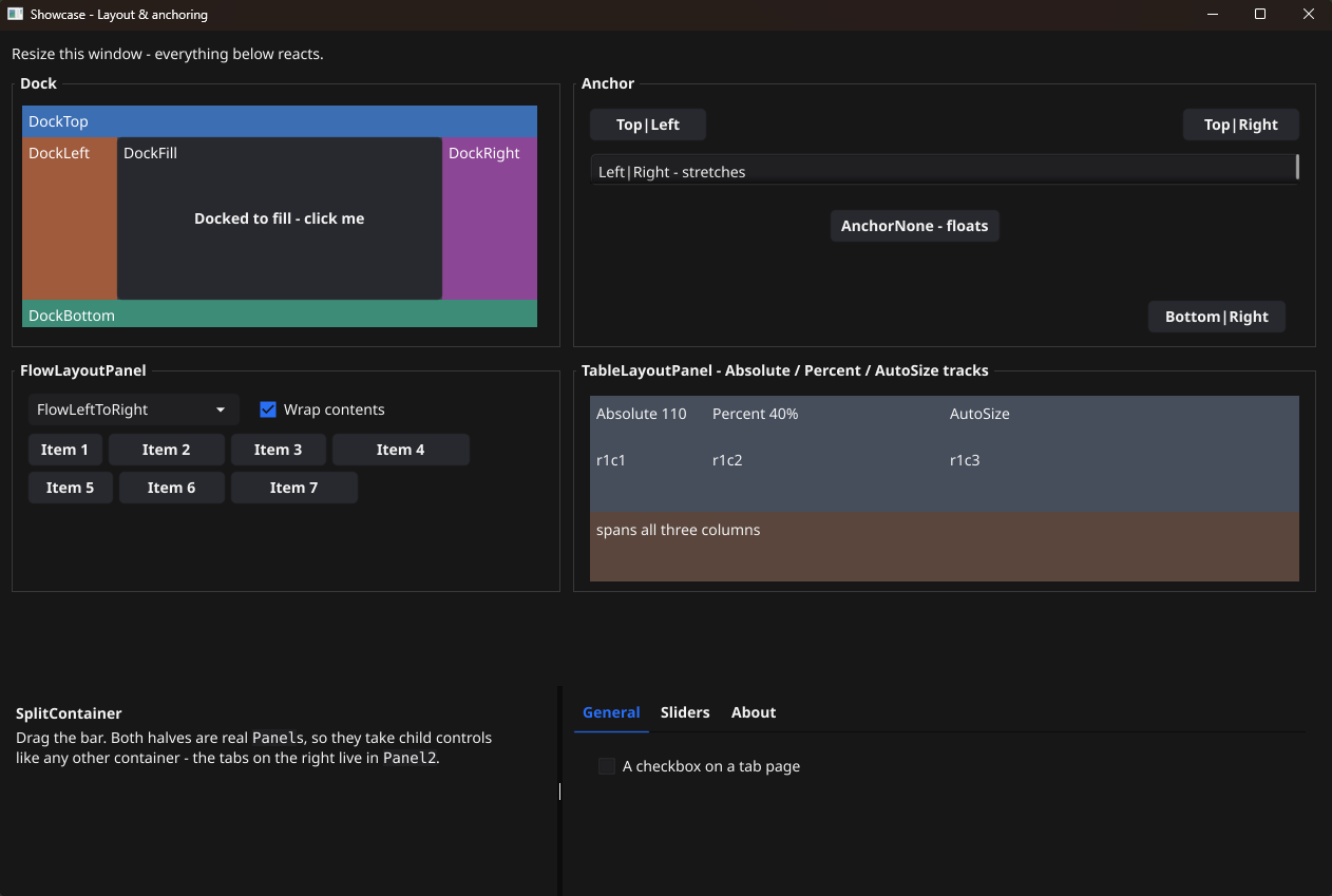 The showcase's layout form: docked panels, anchored buttons, a flow layout panel, a table layout panel, and a split container with tabs.